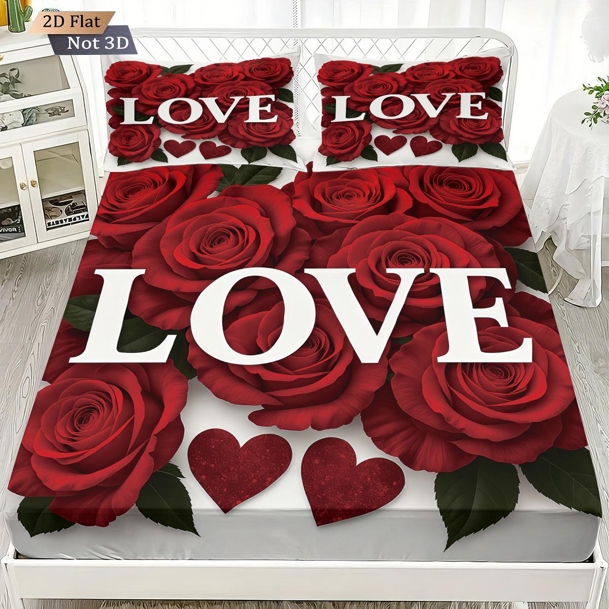

3 шт. Набор постельного белья с принтом красных роз ко Дню святого Валентина, без простыни, разных размеров, мягкое покрывало, декор для спальни, можно стирать в машине 90x191cm