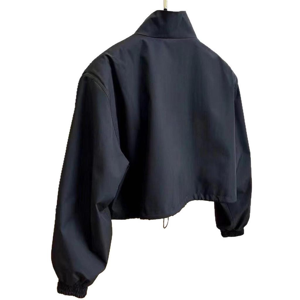2025 Women's Black Chic Stand-up Collar Short Workwear Windbreaker for Autumn/Winter