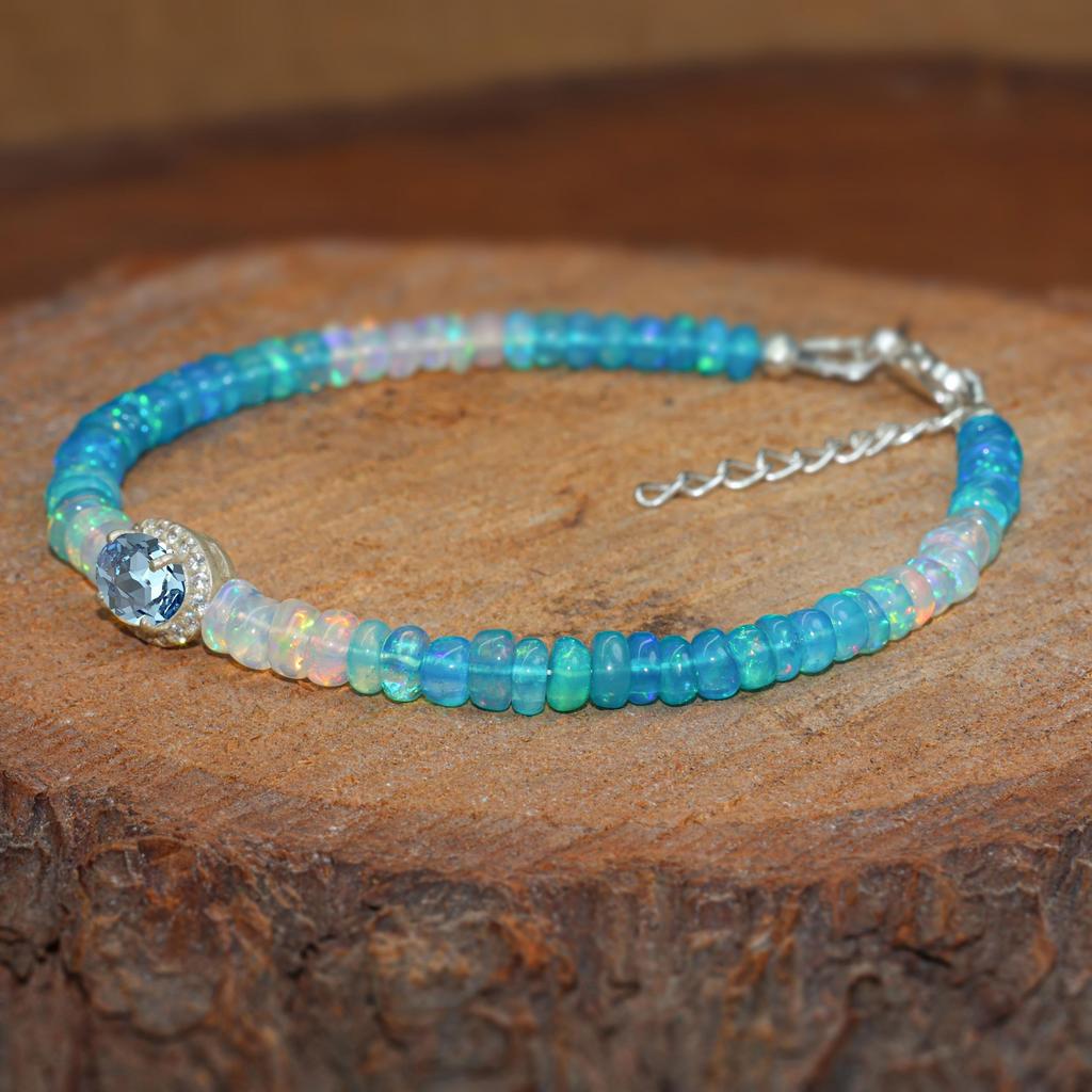 Multifire Paraiba Opal Beads Charm Bracelet, Paraiba Opal Oval Charm Gold Bracelet, Delicate Bracelet, October Birthstone, Gift for Wife