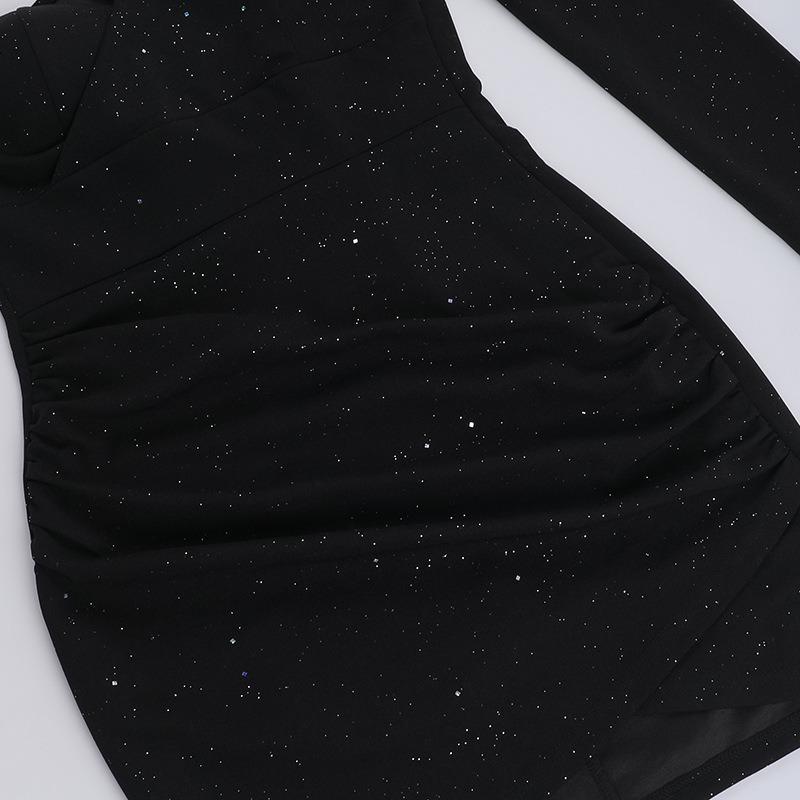 Autumn Sexy Single Shoulder Long Sleeve Pleated Fine Flash Bag Buttock Dress for Women