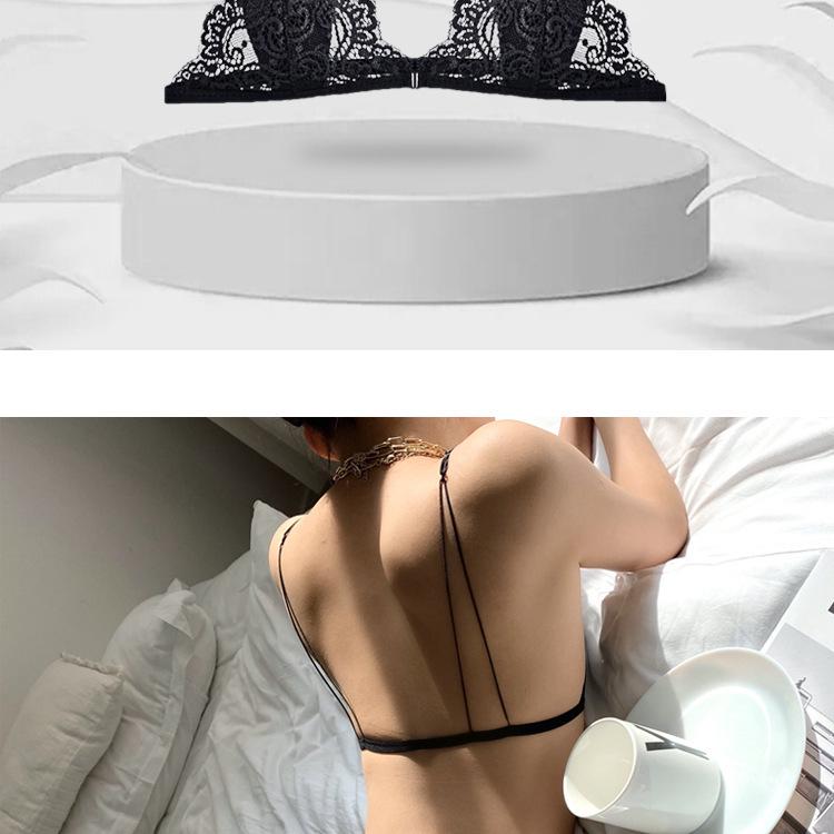 French Wirefree Lace Triangle Bra: Ultra-Thin, Small Bust, Thin Straps, Front Closure, Beautiful Back.