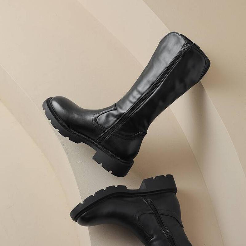 Autumn and Winter Round Head Medium Heel Large Size Fashion Boots Women's Square Heel Solid Color Side Zipper Thick Bottom Non-slip New Round H