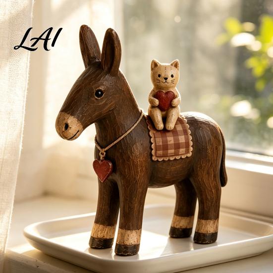 Collectible Animal Figurines Rustic Donkey Resin Figurine Farmhouse Style with Cat Tabletop Retro Interior Decorations Decoration Vintage