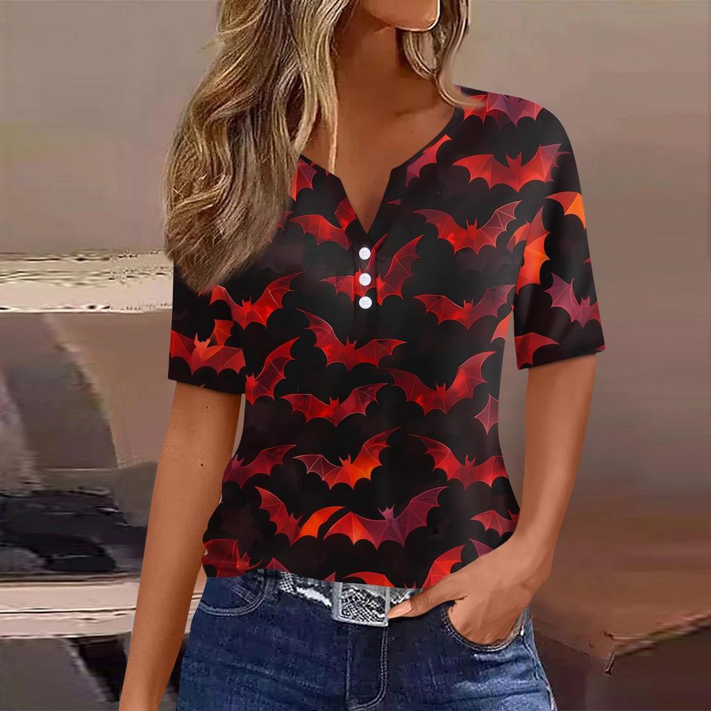Women's T Shirt Halloween Print Button Short Sleeve Daily Weekend Fashion Basic V- Neck Regular Top