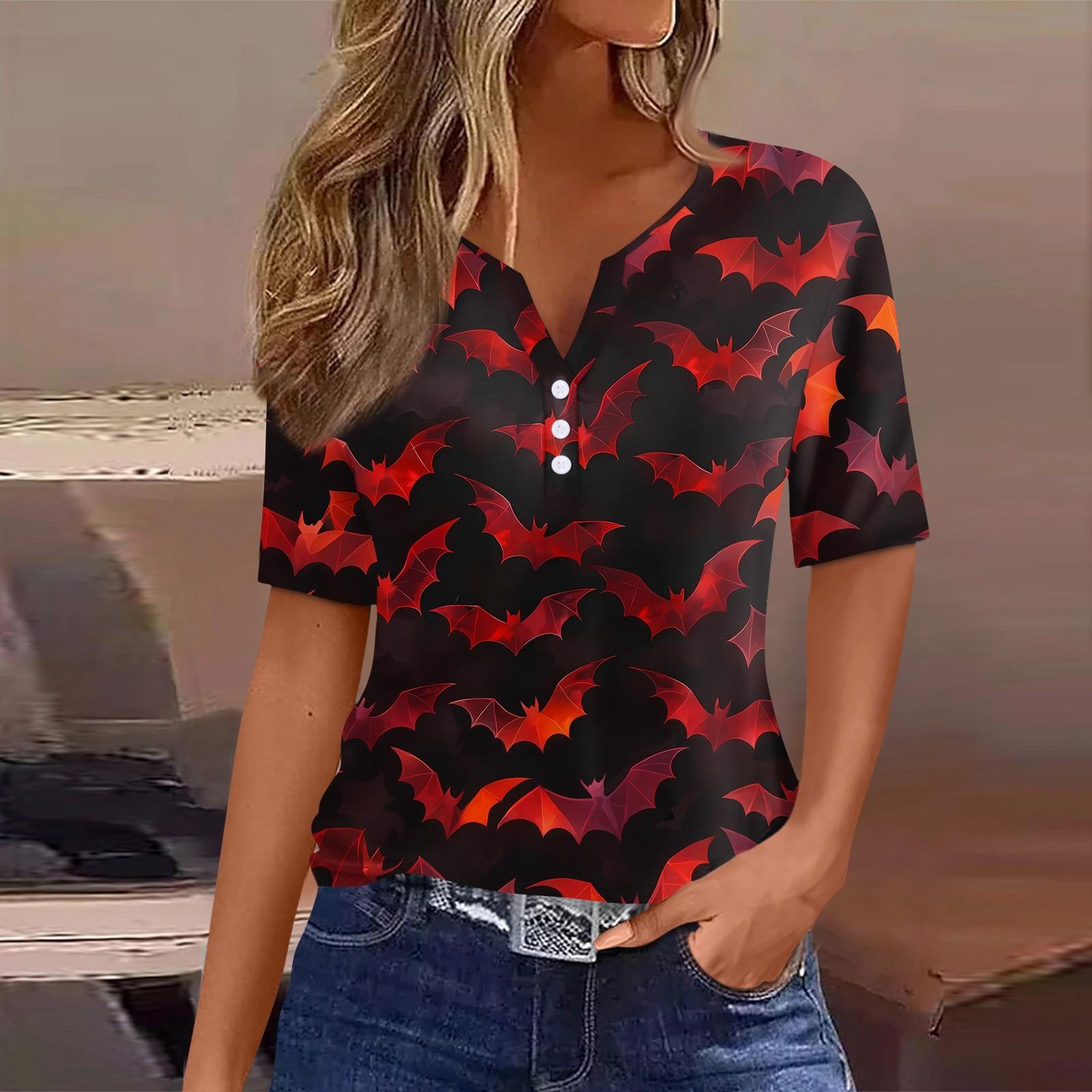 

Женская футболка с принтом на Хэллоуин, на пуговицах, с коротким рукавом, повседневная, для выходных, модная, базовая, с V-образным вырезом, обычный топ S