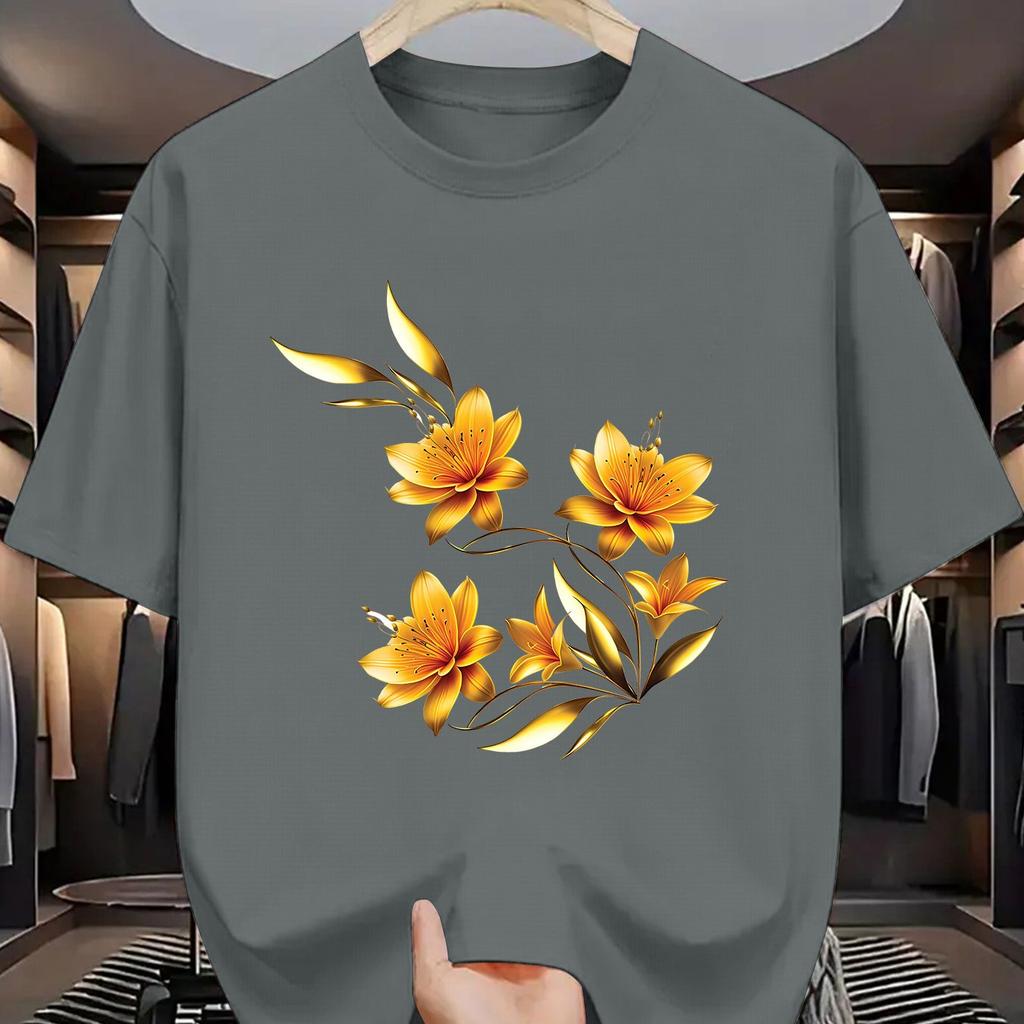 Golden Floral Print Mens Cotton Graphic Tee Casual Short Sleeve TShirt Breathable Summer Fashion