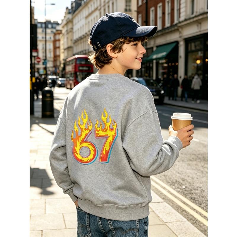 Kids Unisex Crewneck Sweatshirt, Back Print Flame Number 67 Long Sleeve Pullover, Boys Girls Casual Birthday Sweatshirt For Kids Over 4 Years Old