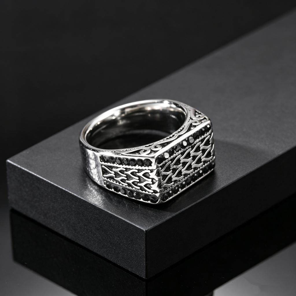 Unique Geometric Patterned Stainless Steel Ring Inlaid Black Zircon Chunky Rings for Men Charm Fashion Finger Jewelry Size 7-12