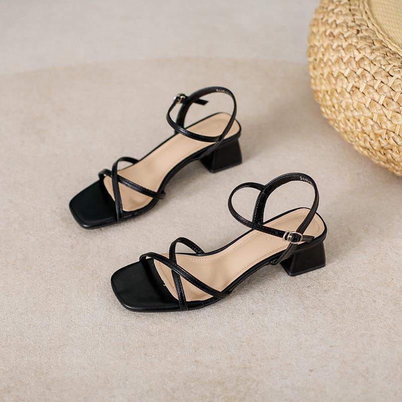 Fashion 2025 cross band high heels sandals women thick heel summer shoes solid color ankle strap gladiator sandalias de tacón