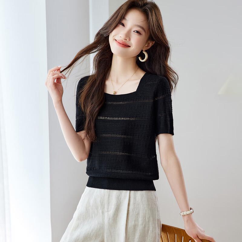 

Srcr Women s Silk Blend Knit Hollow-Out Square Neck Top XL