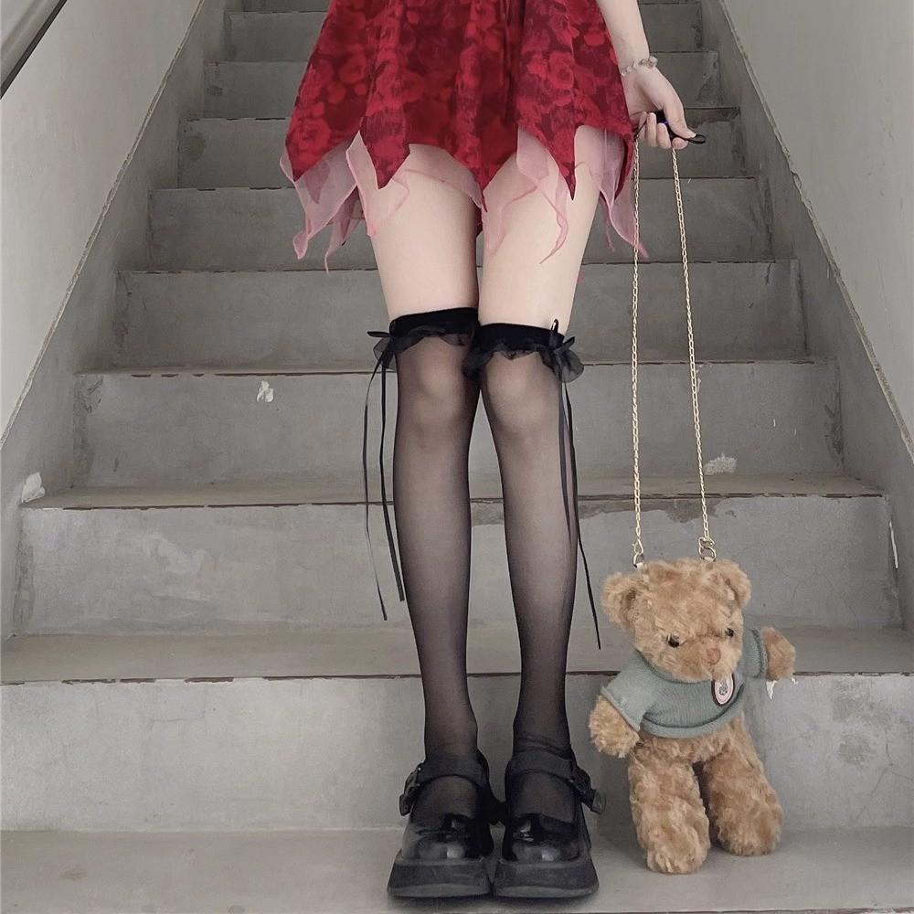 Summer Thin Thigh Slim Sweet Long Milk White Stockings Soft Sister Lace Cute Bow Knee Socks