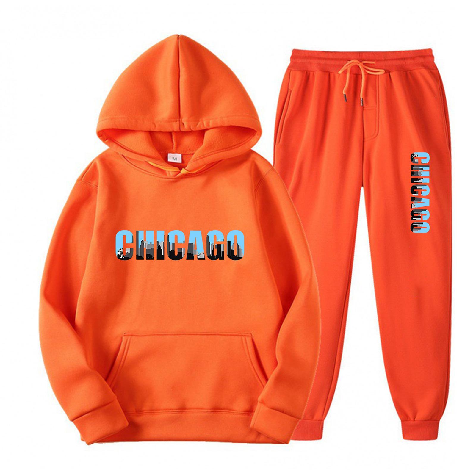 2023 new letter-printed men s and women s sportswear fleece two-piece set loose hooded sweater set S оранжевый