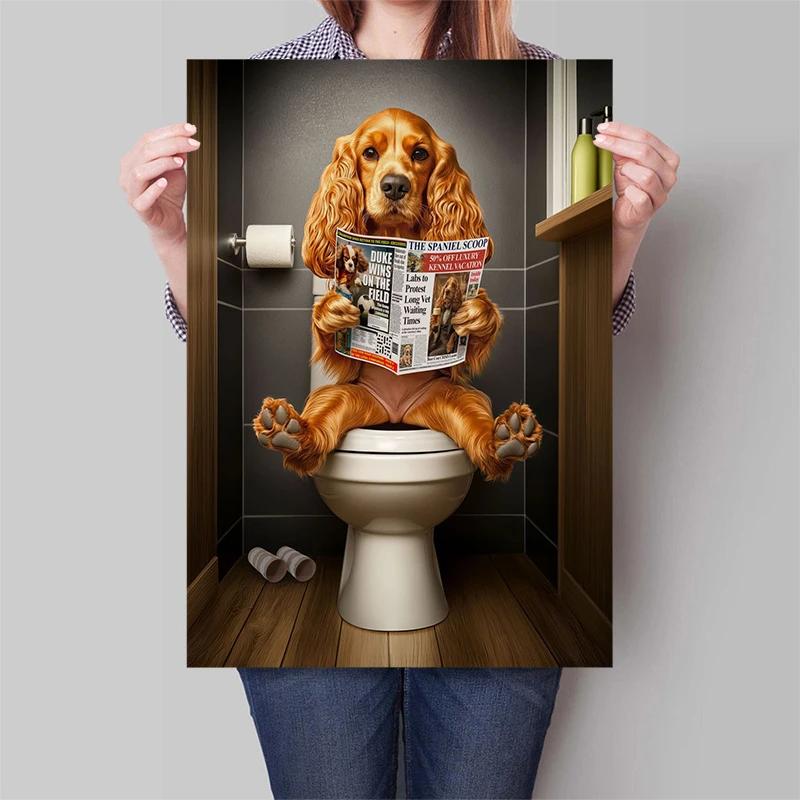 Goldendoodle Affe Hochlandrind auf der Toilette Zeitung lesend Poster Tierdruck Leinwandbild Lustige Badezimmer Wanddeko
