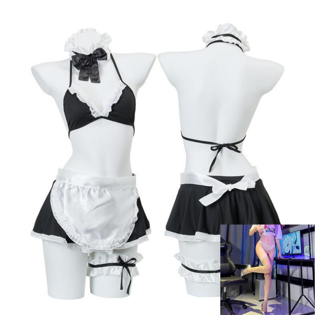 Night Listen Lingerie: Sexy See-Through Maid Role Play Set with Open Crotch, 3-Piece Women's Temptation Uniform