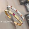 Women Jewelry Set Italian Buccellati Craft Red Corundum Bracelet Diamond Ring Narrow Gold Bangle