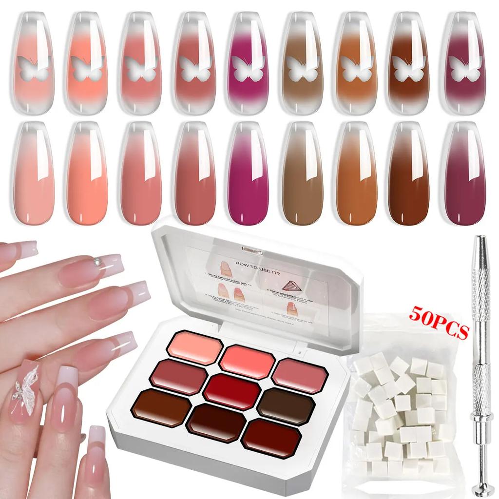 LIMEGIRL 7IN1 Gradient Painting Gel Kit 9 Grid Gradient Color Solid Nail Polish with 50pcs Sponge Nail Art DIY Color Gel Kit