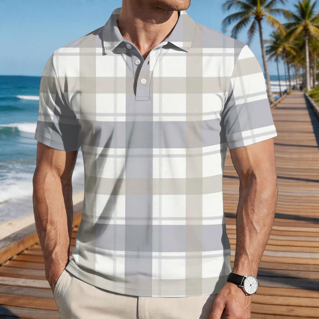 Men Loose Fit Casual Plaid Print Short Sleeve Polo Shirt with Turn Down Collar for Everyday Comfort Style
