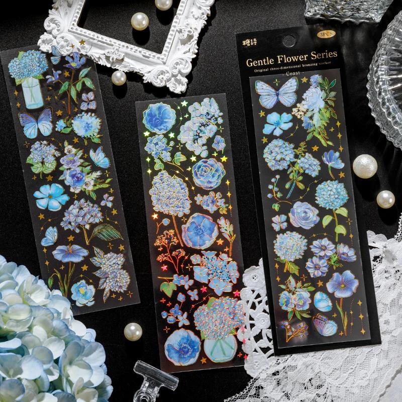 3pcs/pack Gilding Craft PET Stickers Floral Sticker DIY Cut Collage Junk Journal Decor Scrapbooking Waterproof Stickers