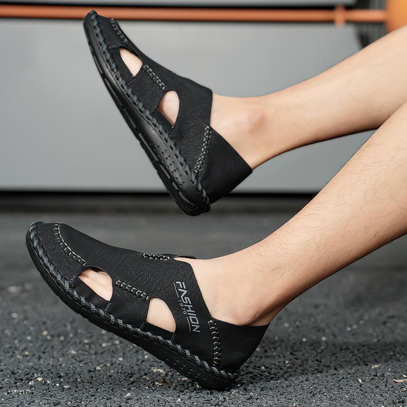 Мужские сандалии черные кожаные кроссовки для походов с закрытым носком — фото 13