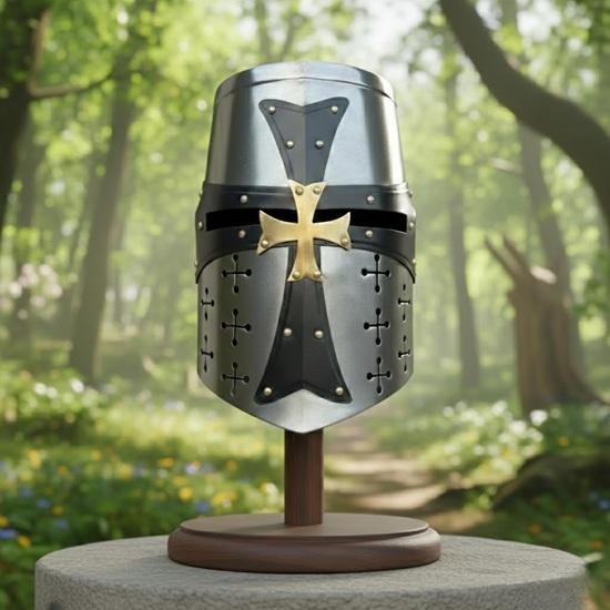 Medieval Templar Crusader Helmet, Silver Steel Knight Helmet with Brass Cross for Cosplay Collection