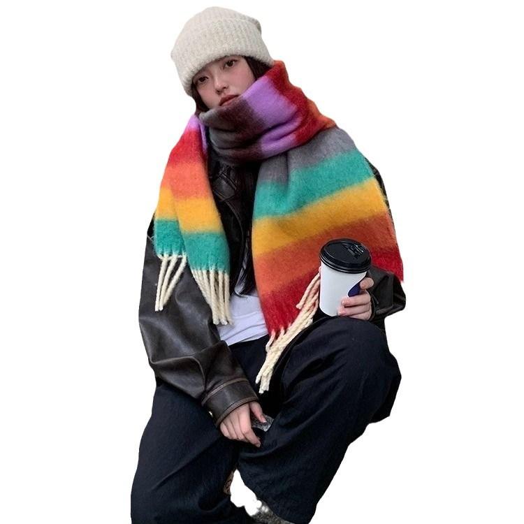 New Colorful Rainbow Scarf Women's Winter Dopamine Senior Student Sweet Warm and Cold Proof Plush Scarf Shawl