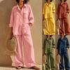 Completo Due Pezzi da Donna in Misto Lino Color Block: Camicia e Pantaloni a Gamba Larga, Casual, Vestibilità Larga