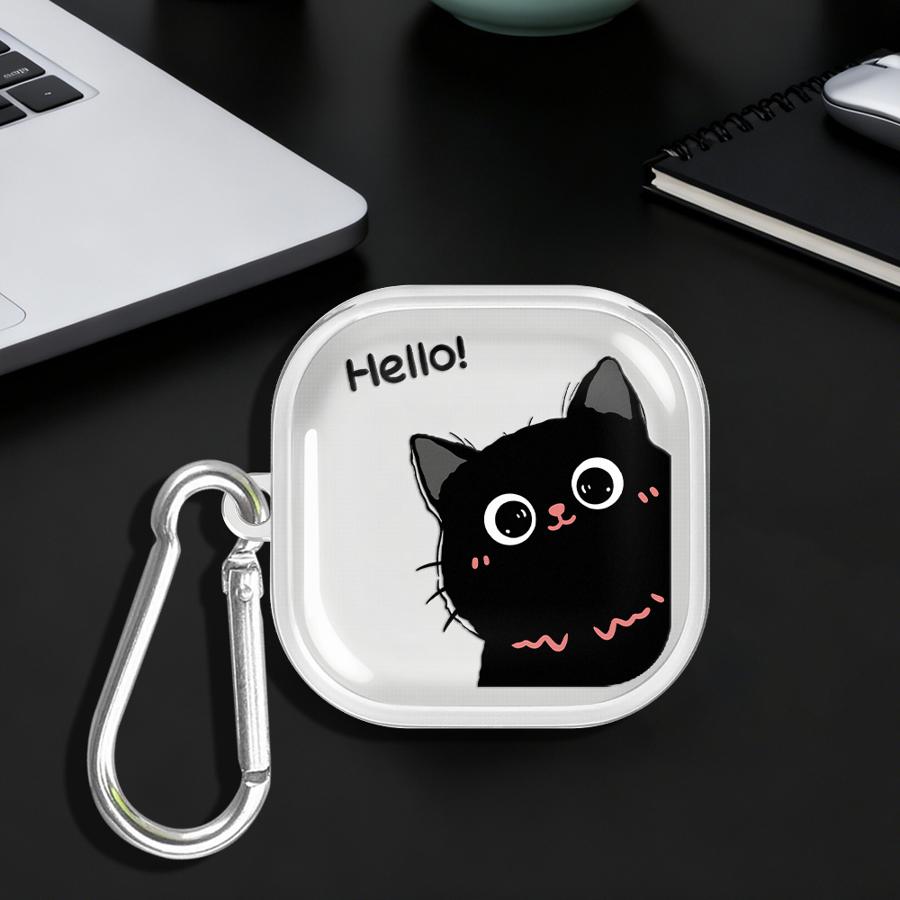 Case For Samsung Galaxy Buds 2 Live 4 Pro 2Pro 3Pro 3 FE 4Pro Clear Earphone Cases Cover With Hook Hello Cute Cat