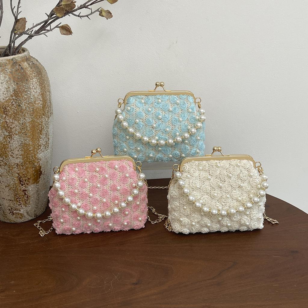 2026 Light Blue Floral Lace Clutch Bag with Pearl Chain Elegant Kiss-lock Evening Purse Wedding Party Crossbody Handbag