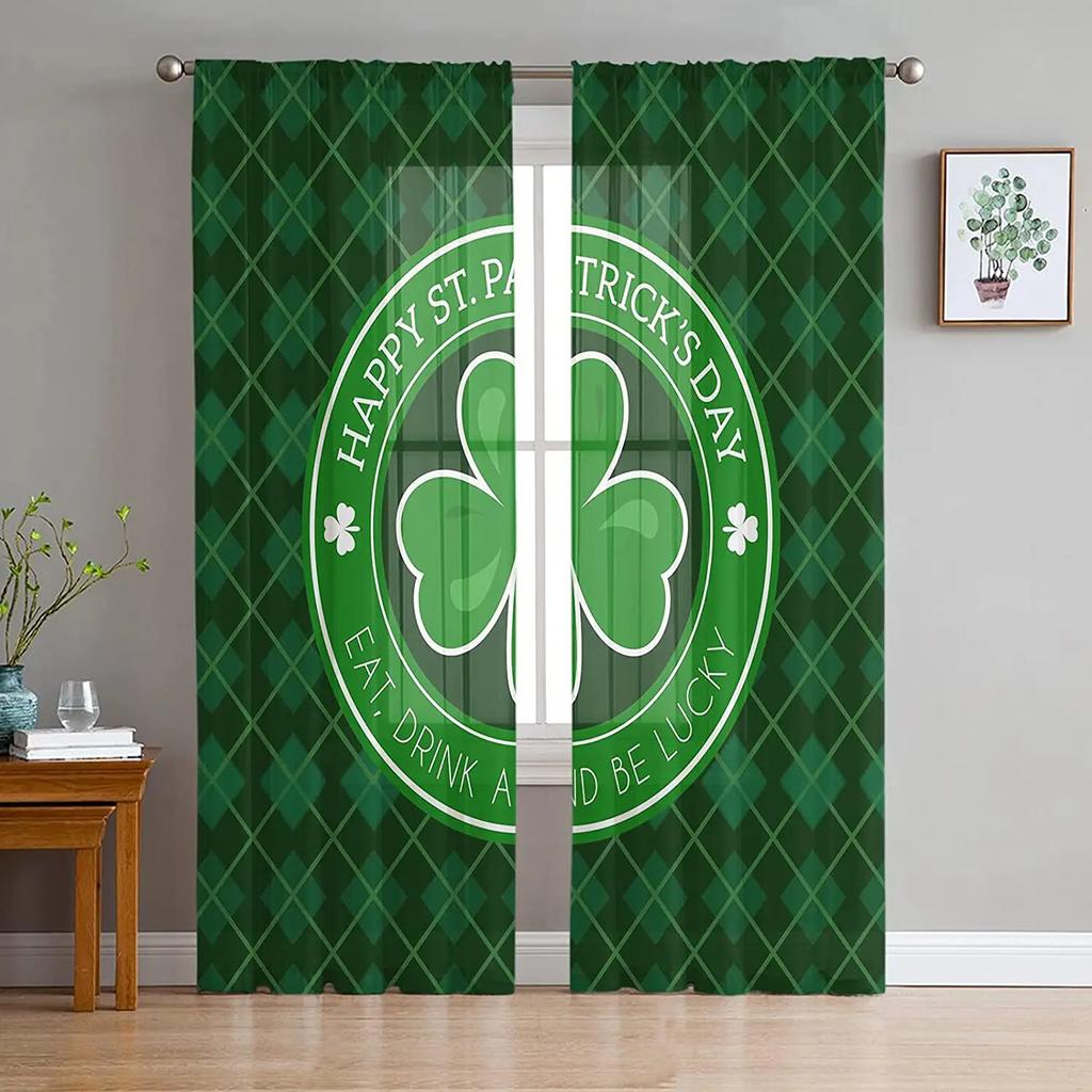 St Patrick Day Clover Lucky Leaves Voile Curtain Living Room Bedroom Kitchen Window Decor Tulle Chiffon Curtains Sheer Polyester Ideal For Area