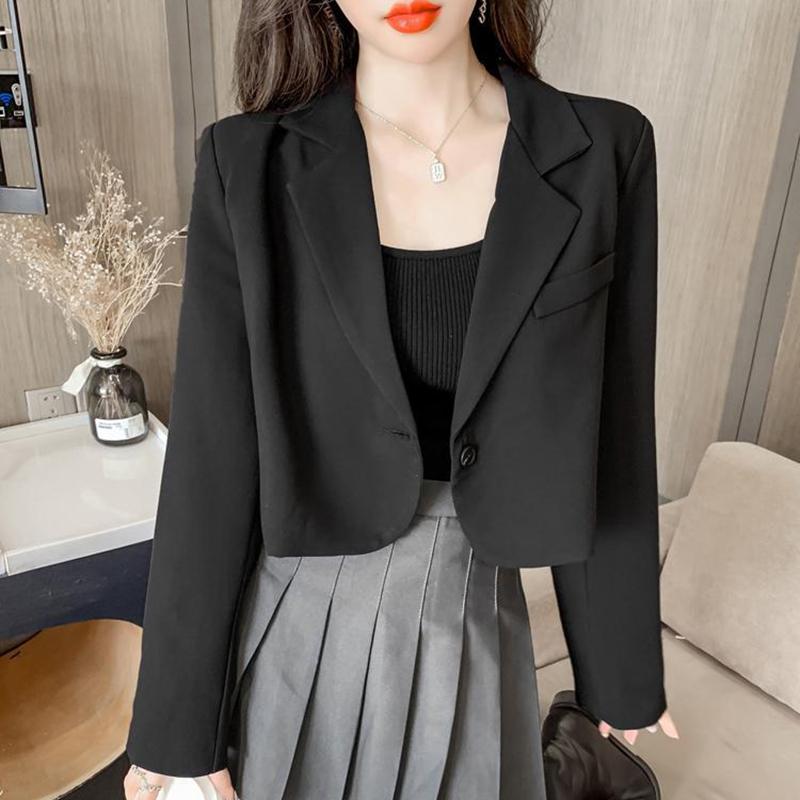 Koreanische Cropped Blazer Frauen Einfarbig Einfache Single-taste Outwear Teens Alle-spiel Langarm Büro Anzug Jacke