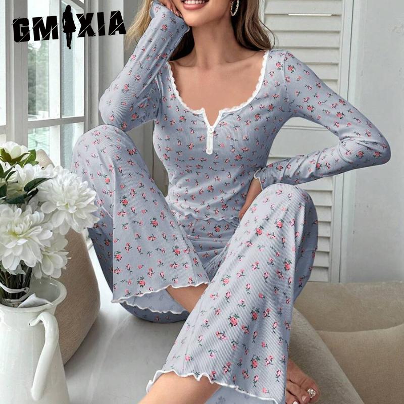 

GMXIA Женская пижама с длинным рукавом и V-образным вырезом, с мелким цветочным принтом, брюки с подвернутым краем «салатный лист», комплект для дома XL серый