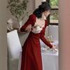 Red longsleeved dress women's spring and autumn engagement dress bridal toasting clothes can usually wear red skirt long dress