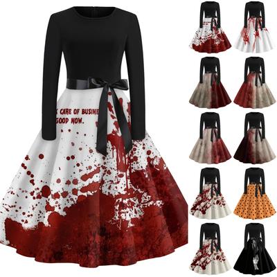 Women's Retro Round Neck Dress with Halloween Pattern for Casual Party Outfit