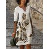 Women's V-Neck Printed Midi Dress Loose 3/4 Sleeve Casual Summer Dress