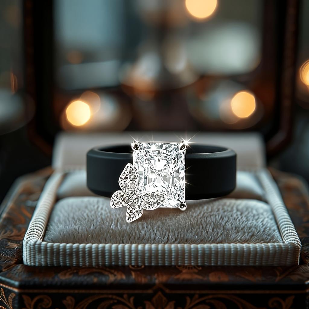 Women Butterfly Rectangle CZ Silicone Ring Two-tone Sparkling Butterfly Ring Comfort Sport Wedding Stackable Jewelry