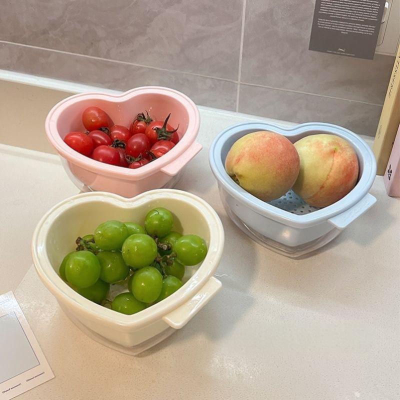Heart-Shaped Fruit Drain Basket Cute Cartoon Kitchen Drain Basket Household Vegetable Washing Basin Storage Basket