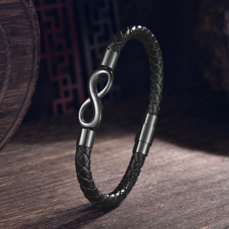 Stainless Steel Geometric Infinity Symbol Bracelet Men Magnetic Clasp Handmade Leather Woven Cuff Jewelry