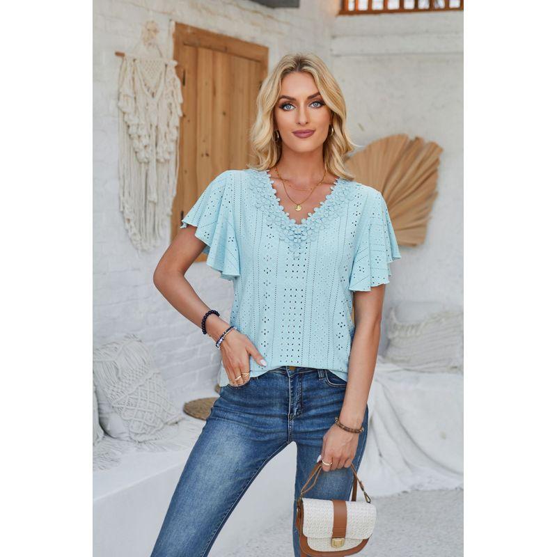 Lace V-neck T-shirt with Lotus Leaf Sleeves Lace V-neck Ruffle T-shirt