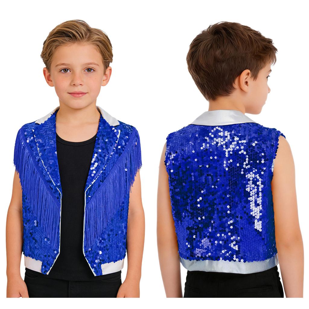 Boys Jazz Dance Stage Performance Tassel Sparkling Sequin Vest Contrast Color Lapel Collar Sleeveless Top