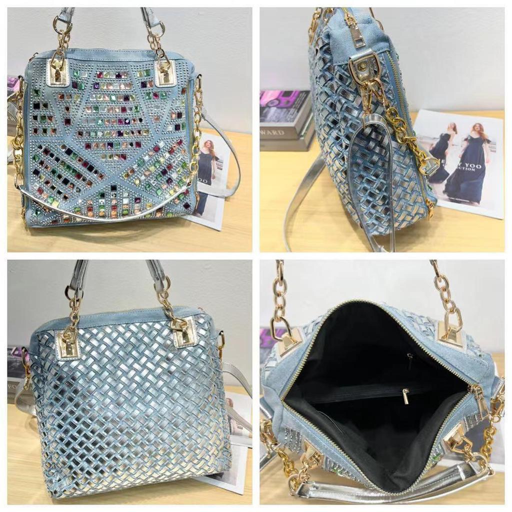 Rhinestone Embellished Denim Tote Bag - Woven Canvas Shoulder Bag with Diamond Accents, Large Capacity Crossbody Purse for Women