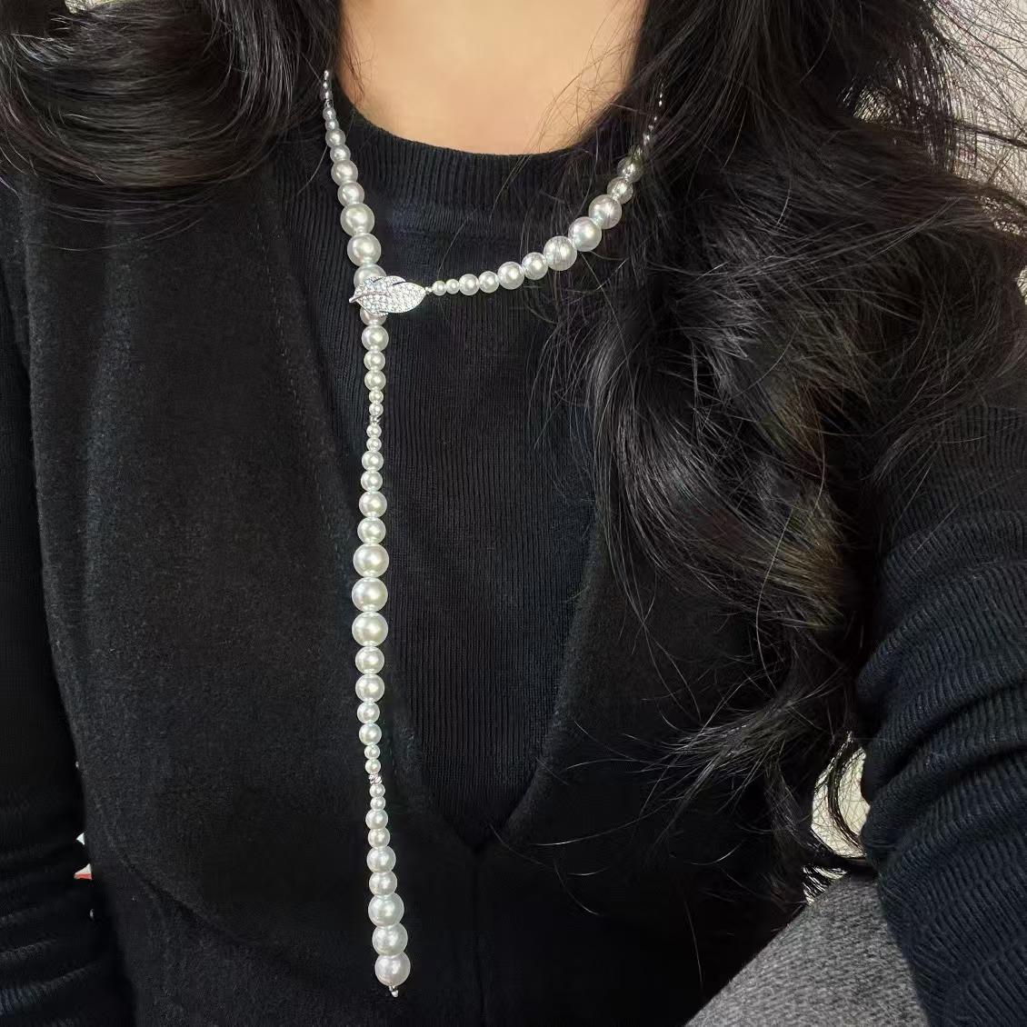 

Vintage High Quality Artificial Crystal Pearl Adjustable Gradual Change Size Sweater Chain Necklace Collarbone Chain