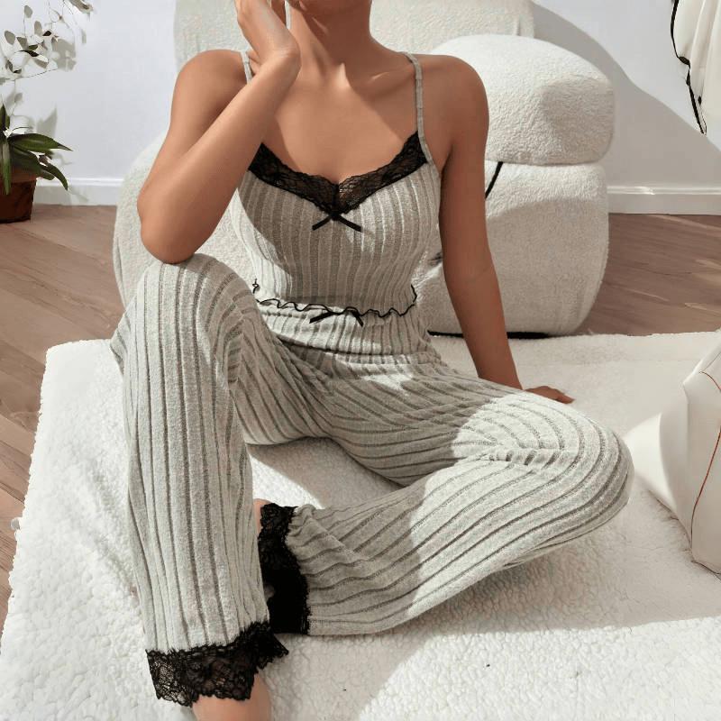 Cross-Border Hot-Selling Women's Rib Knit Heart Camisole Pajamas Set - Wearable Outdoors with Long Pants