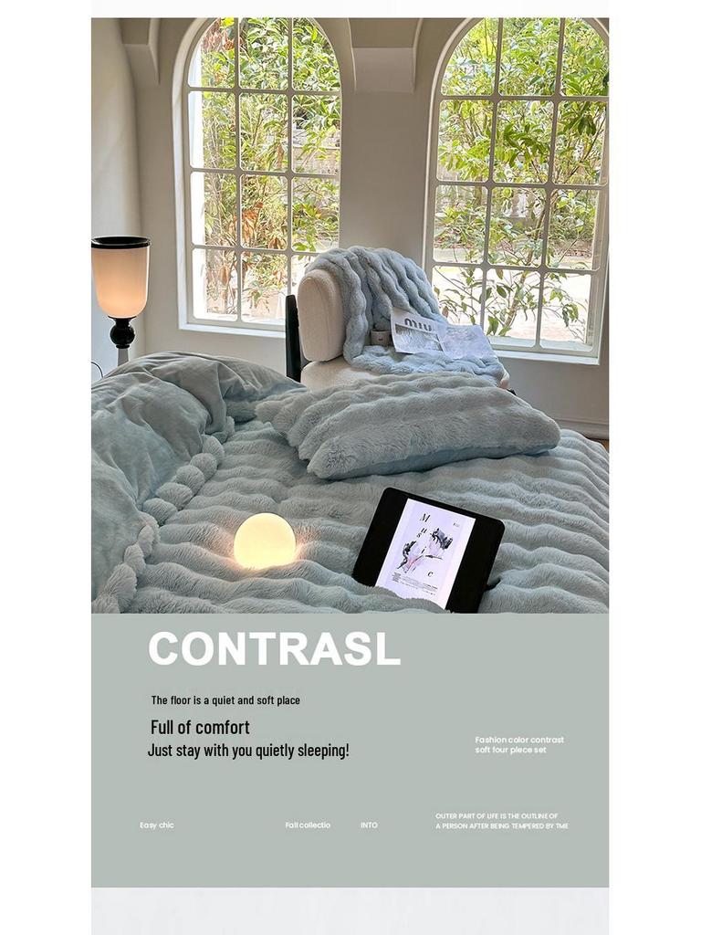 Buntes Dickes Samt Kaninchen Bettwäscheset - 4 Teile, Winter Wohnheim Kollektion