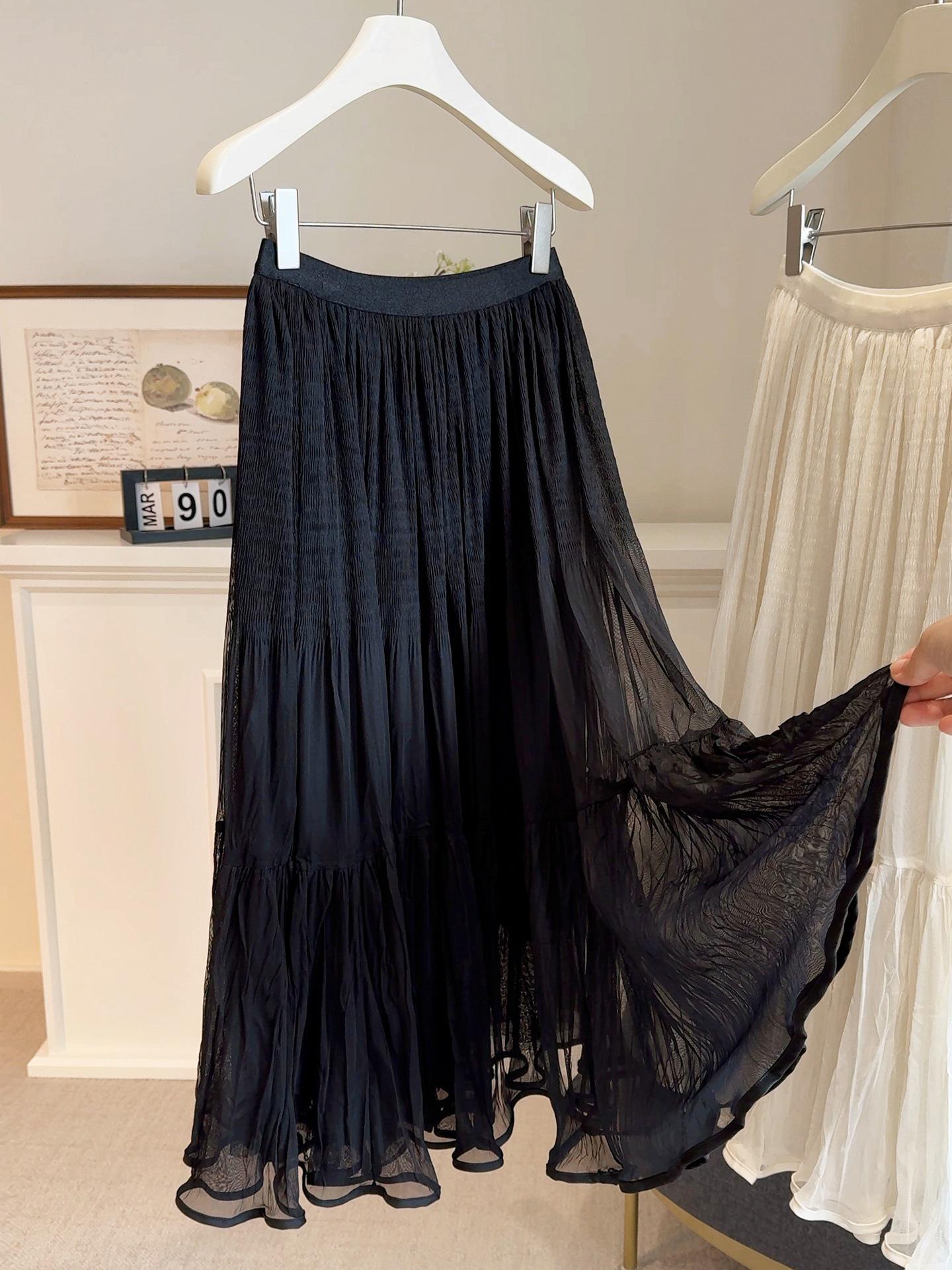 Autumn 2025 Super Fairy Pleated Mesh Patchwork Midi Skirt - Women s A-line Flare Style One Size чёрный