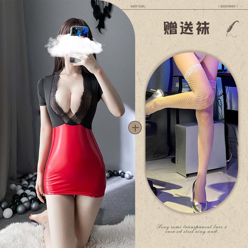 New Sexy Underwear Sexy Women OL Office Temptation Burst Tits Hip-wrapped Secretary Patent Leather