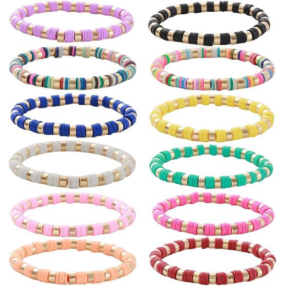 12pcs Friendship Bracelets Beaded Bracelets Heishi Bracelet Cute Bracelets Stack Vinyl Clay Disc Bead Surfer Stretch Summer Beach Bracelets For Women