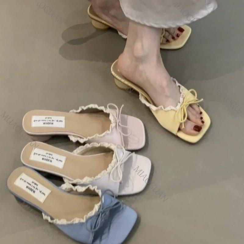 Butterfly-knot Lace Women Slippers Summer Casual Thick Low Heel Sweet Students Street Style Slides Ladies Sandals