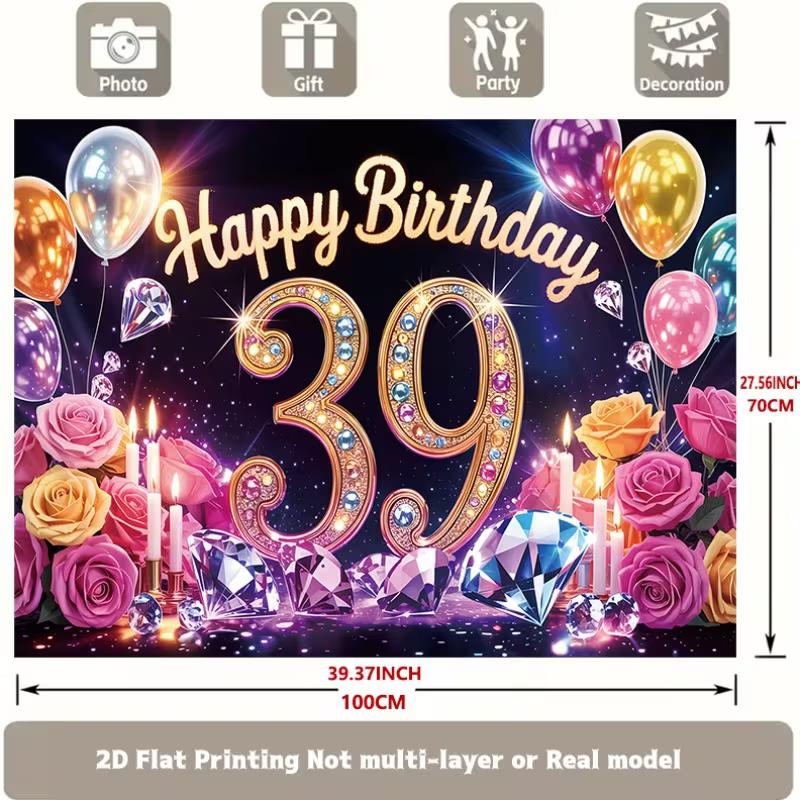Luxurious 39th Birthday Backdrop, Sparkling Black and Gold Design with Diamonds, Roses and Balloons, Festive Milestone Party Wall Decor