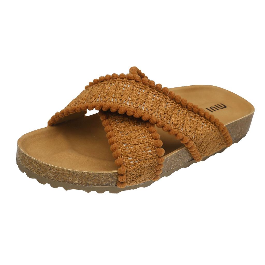 Retro woven cross-cool slippers women's outerwear 2025 summer new with skirt one-word slippers casual shoes