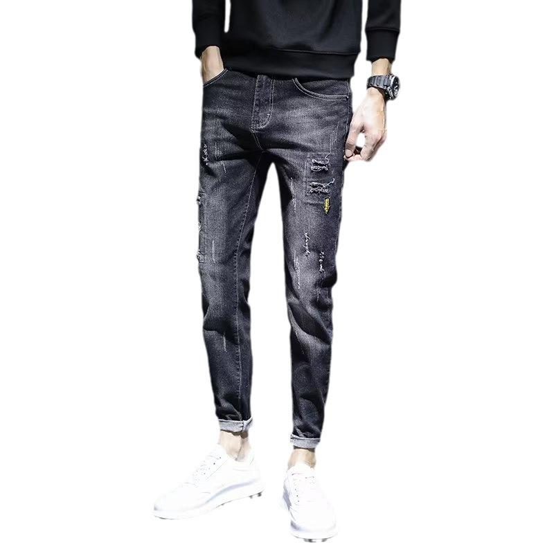 Men's Trendy Ripped Slim Fit Nine-Point Skinny Jeans - Elastic, Breathable, Casual Summer Wear